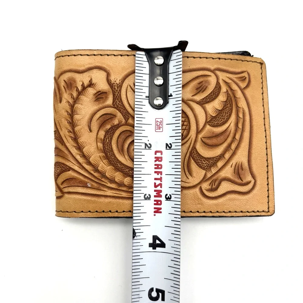 Vintage 80s 90s Handmade Floral Tooled Tan Genuine Leather Men's Bifold Wallet